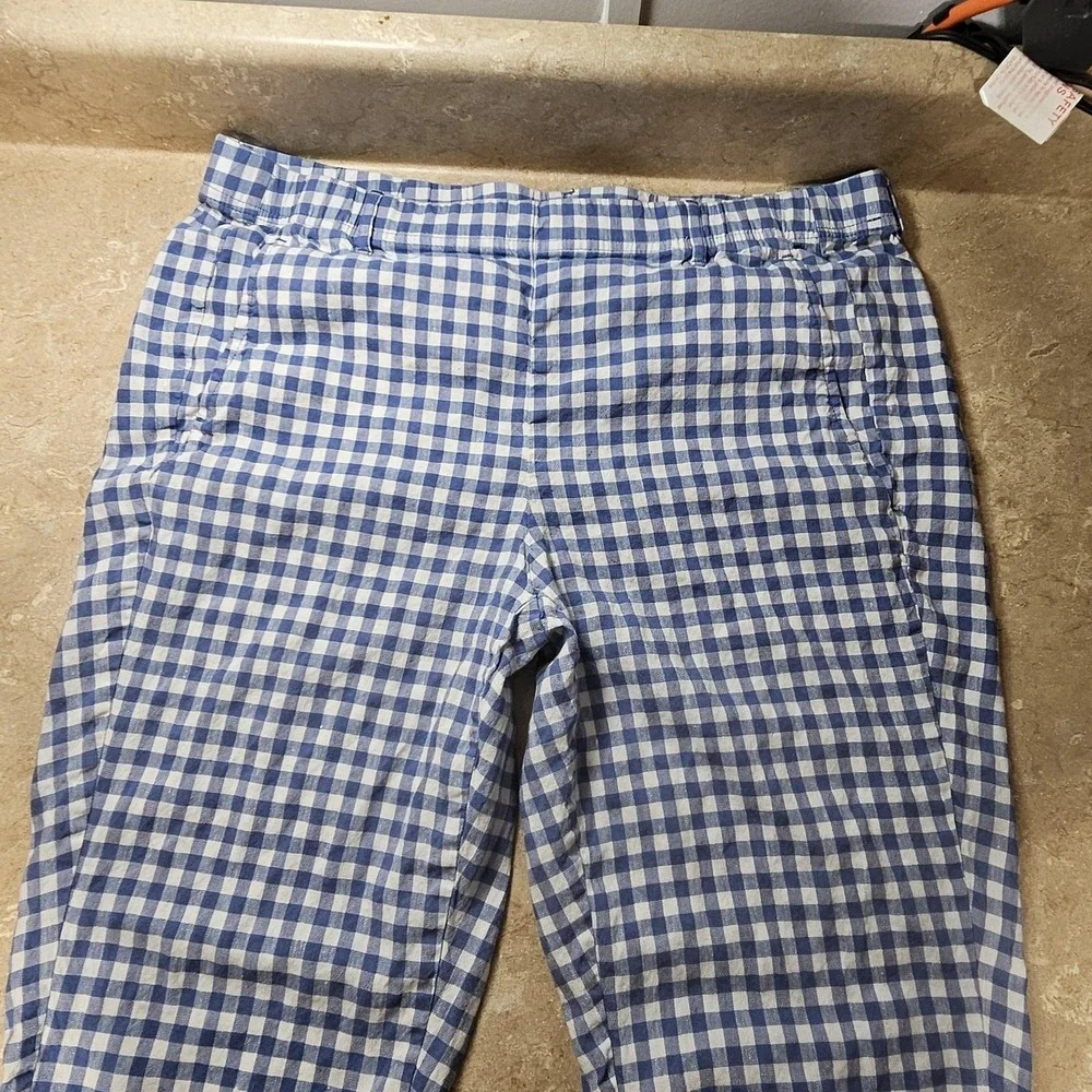 J Jill Linen Stretch Pants Women L Blue Gingham Check‎ Crop Cottagecore Picnic